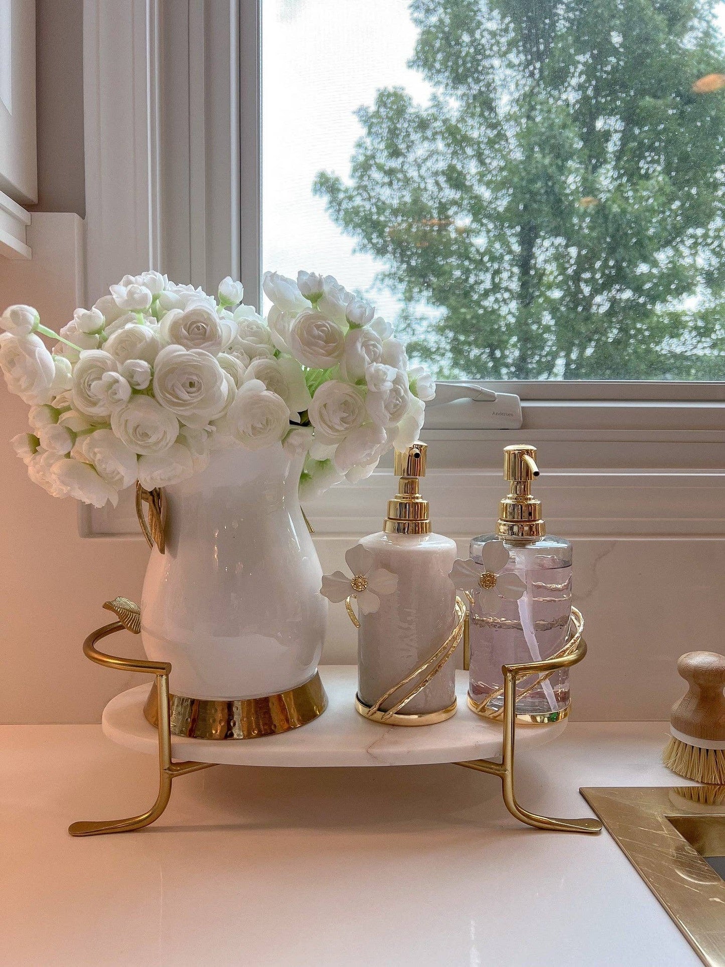 Glass Soap & Lotion Dispenser with Gold Jewel Flower Design
