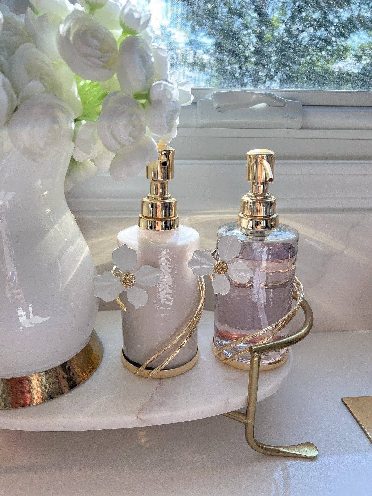 Glass Soap & Lotion Dispenser with Gold Jewel Flower Design
