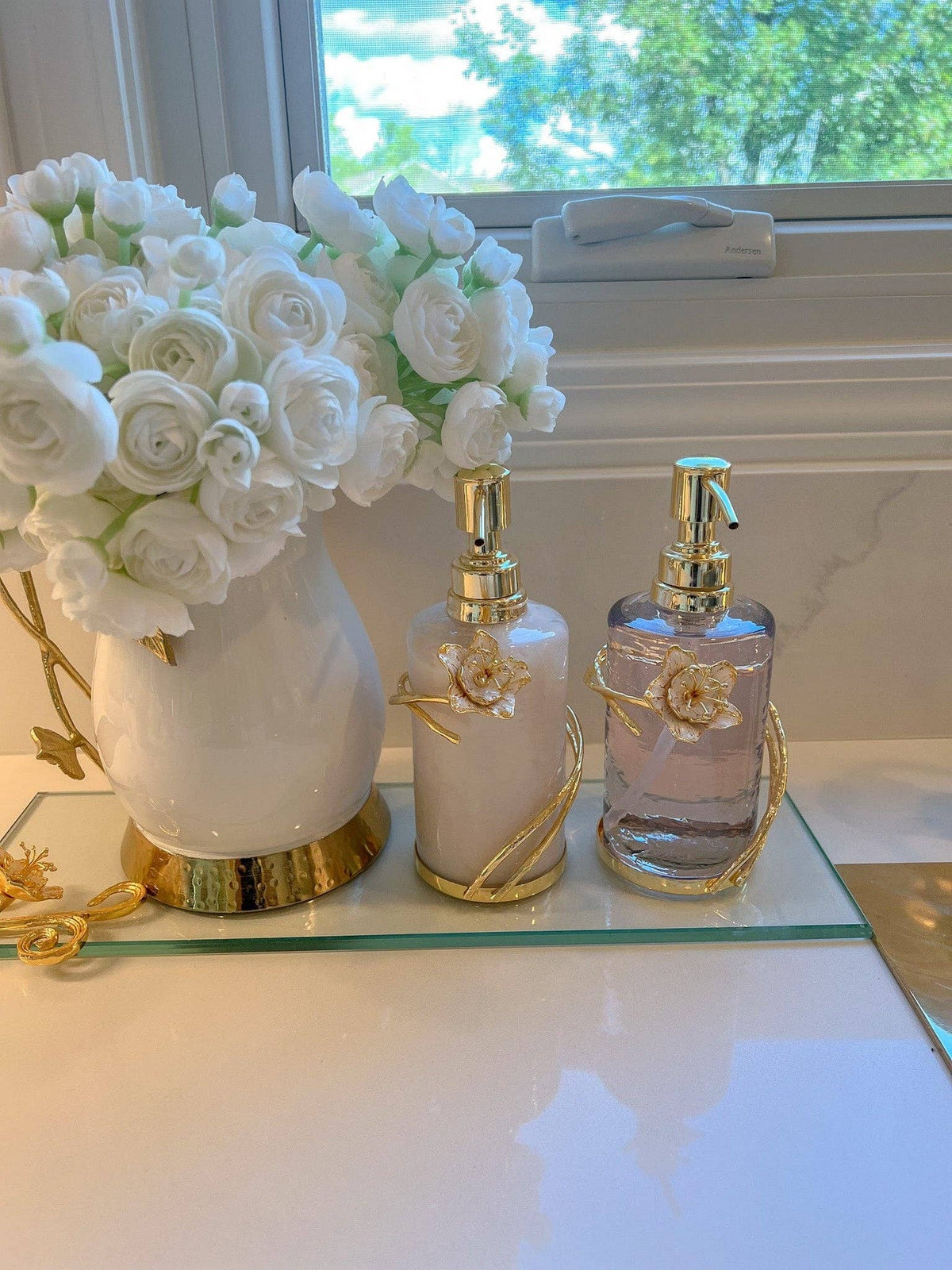 Glass Soap & Lotion Dispenser with Gold Enamel Flower Design