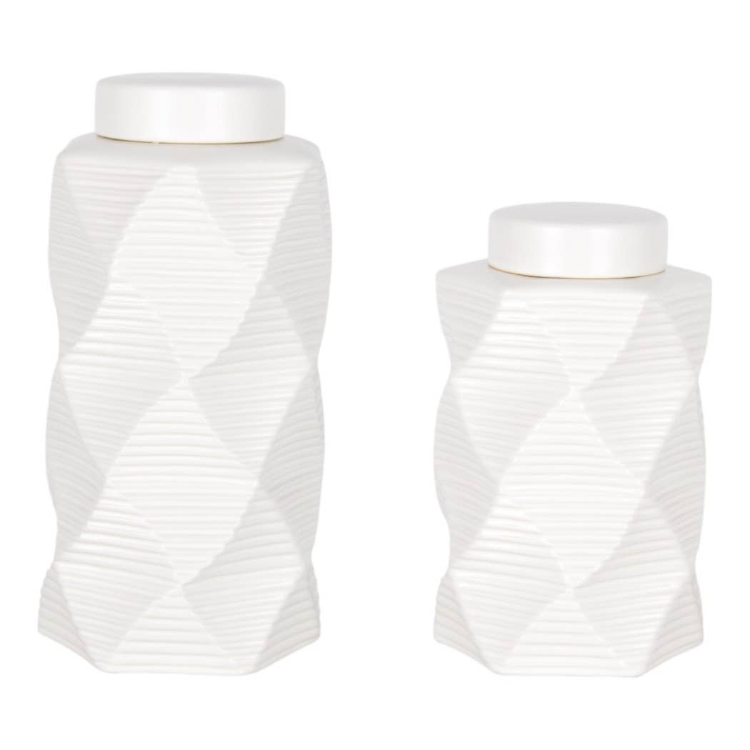 Decorative Jars Set of 2 - White Ceramic Pattern, 10/13 in.