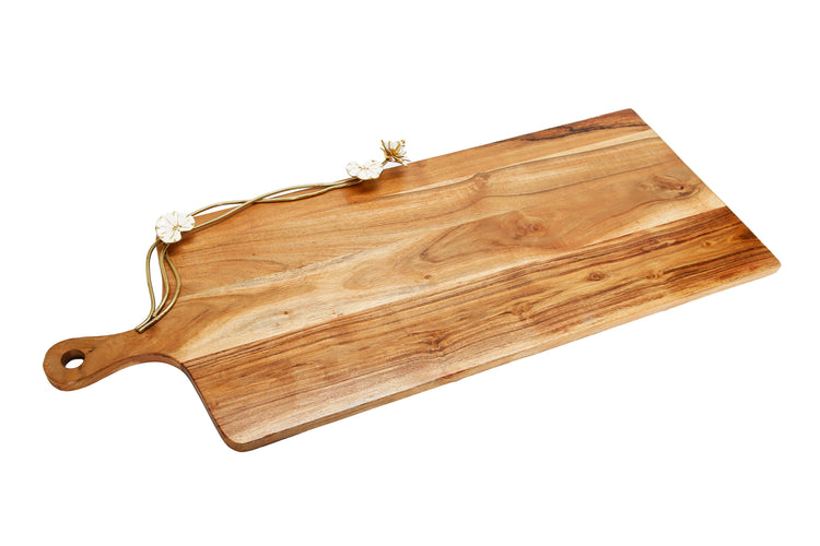 28" Wood Charcuterie Board White Lotus Design With Handle